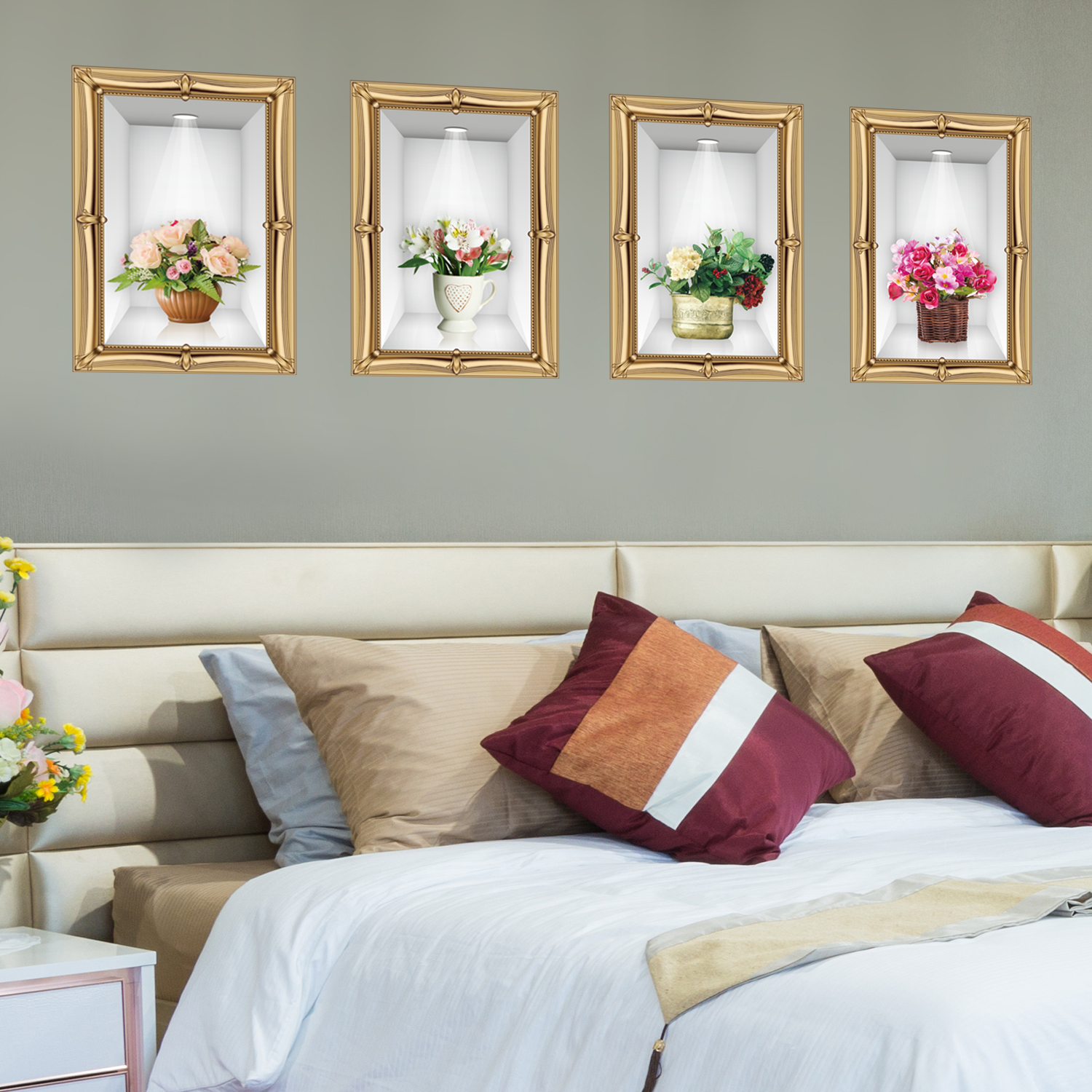 3D Displayed Flowers Frame Sticker – Gold – Walplus